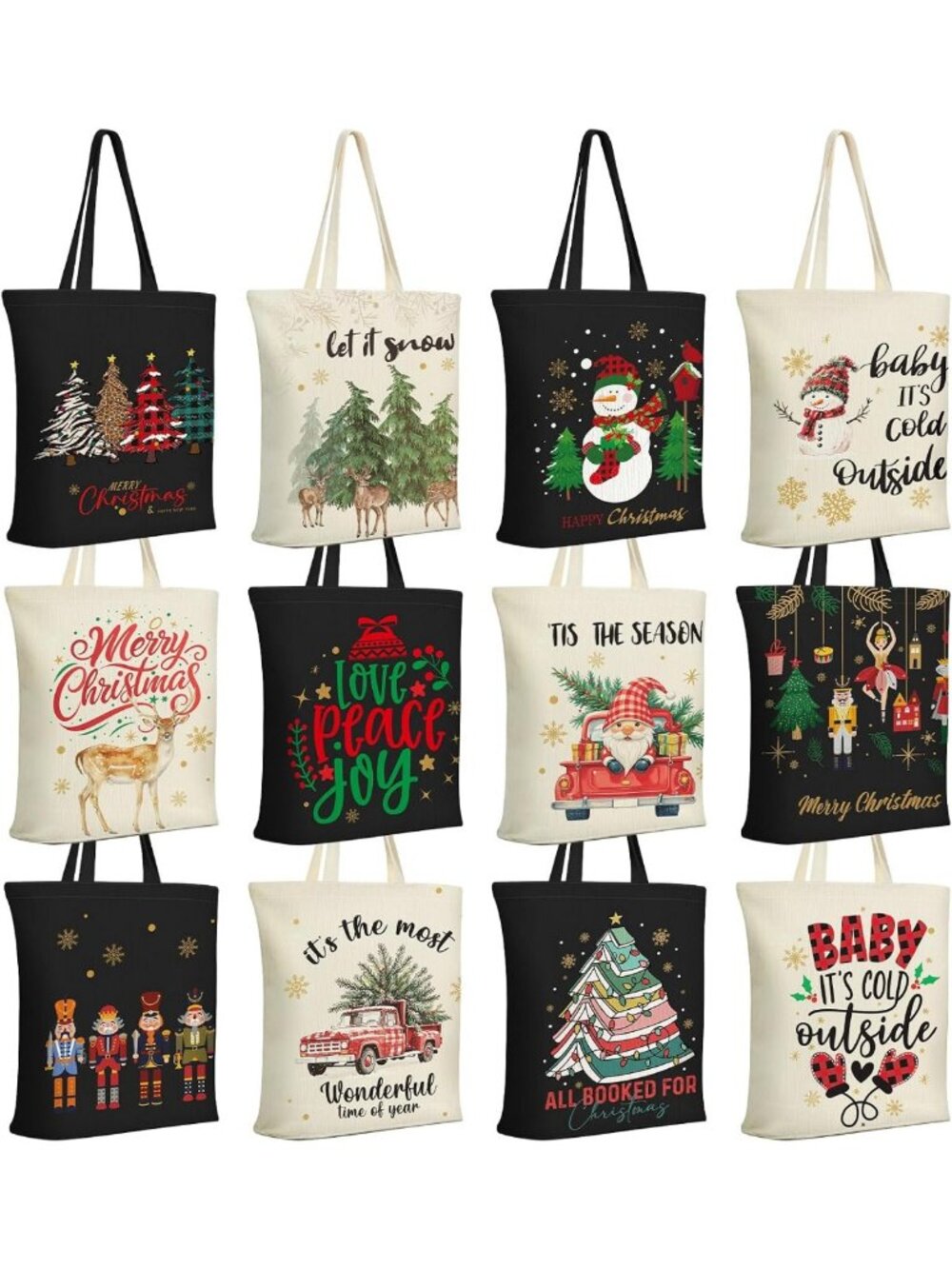12 Pack Christmas Tote Bags with Pockets - Festive Canvas Gift Bags for Holiday
